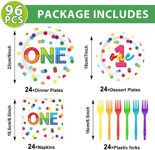 CHUNNIN 96pcs Rainbow 1st Birthday Plates and Napkins Confetti Happy Birthday Party Decorations with Polka Dot Confetti Dessert Plates Colorful 1st Tableware for 24 Guests 1 Year Old Party Supplies