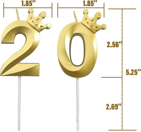 The Number 20 Gold Birthday Candles for Cake is Beautiful Number Candles for 20th Birthday Decorations for Man and Women (Gold-20, Crown)