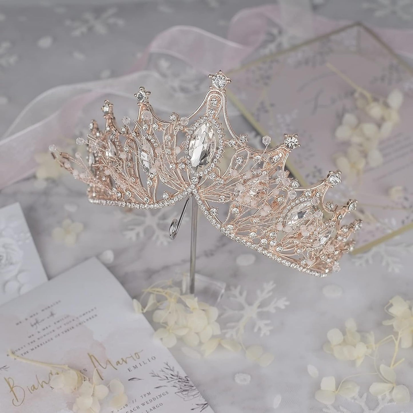 Baroque Queen Crown for Wedding Bride, Rose Gold Handmade Rhinestone Crystal Headband Tiaras and Crown for Women-Wedding Halloween Faire Costume Birthday Music Festival Hair Accessories-Yolmina