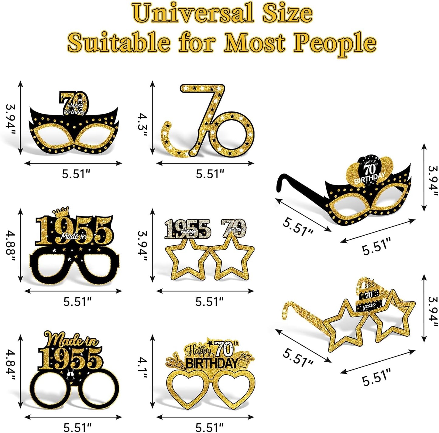 24Pcs 1955 70th Birthday Paper Glasses Decorations for Men Women - Black Gold Happy 70th Birthday Paper Eyeglasses Photo Props, Vintage 1955 Seventy Years Old Birthday Party Supplies
