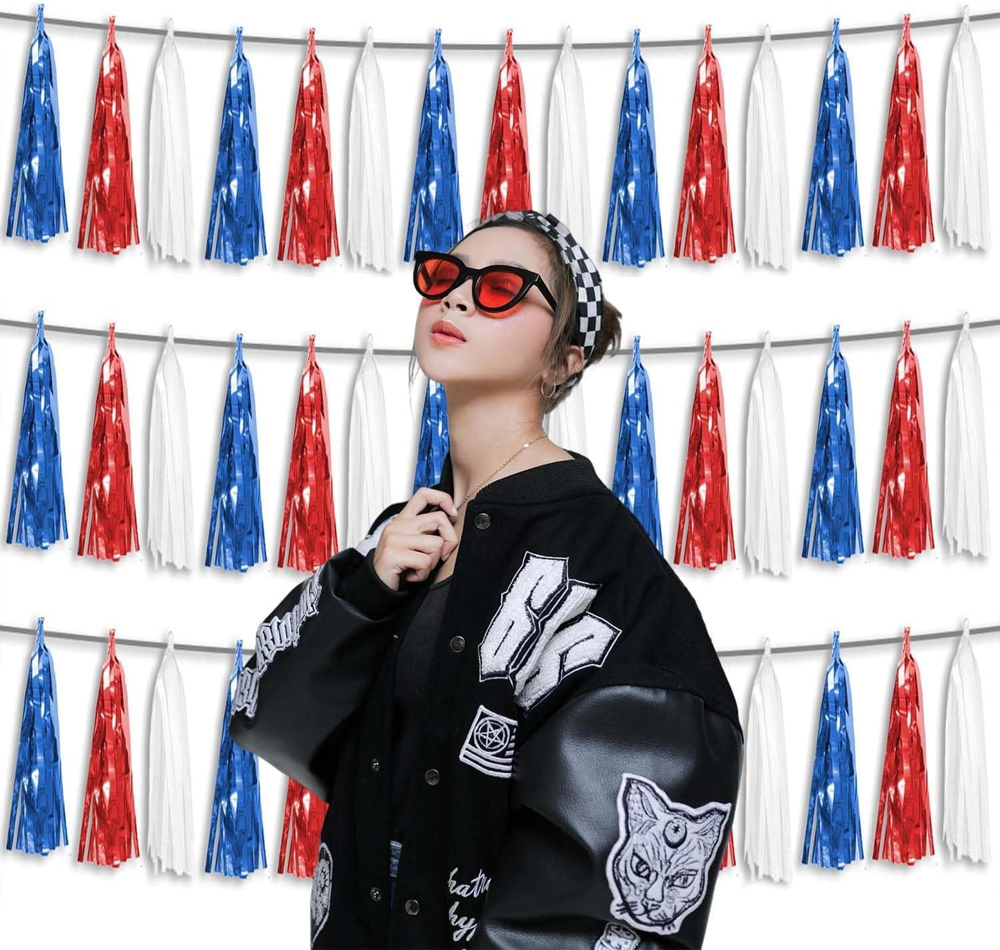 3P Red Blue White Foil Fringe Tassel Garland Metallic Tinsel Streamer Banner Wall Curtain Backdrop for Parade Floats, Graduation, Independence Day, 4th of July, Patriotic Themed Party Decoration