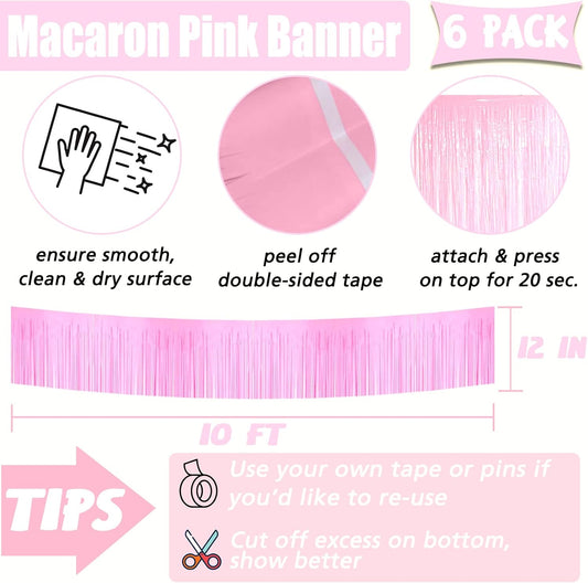 6 Pack 10 Feet Foil Fringe Garland Metallic Tinsel Banner Wall Hanging Curtain Streamers Backdrop for Parade Floats Bachelorette Wedding Birthday Party Thanksgiving Christmas Decorations(Pink)