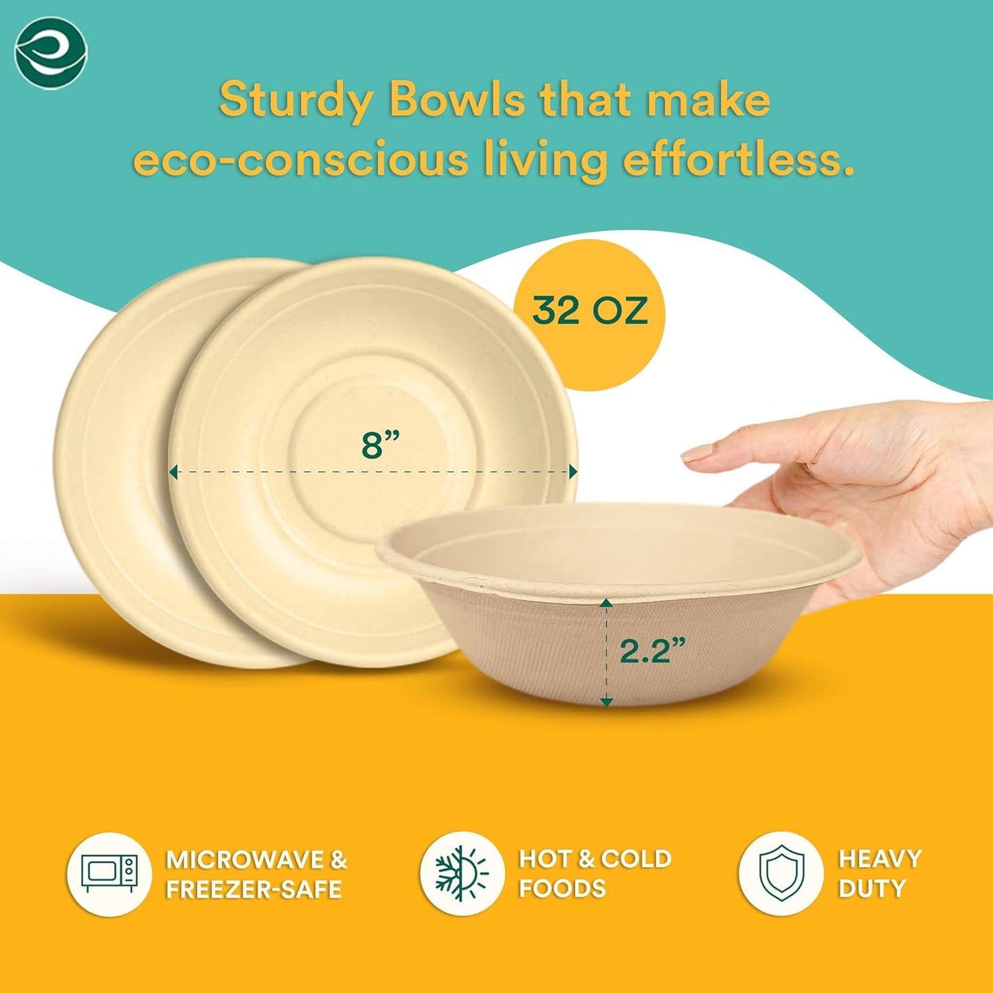 ECO SOUL 100% Compostable 32 Oz Soup Bowls [100-Pack] Disposable Sturdy Bowls I Heavy Duty Paper Bowl I Eco-Friendly Salad Bowl I Biodegradable Large