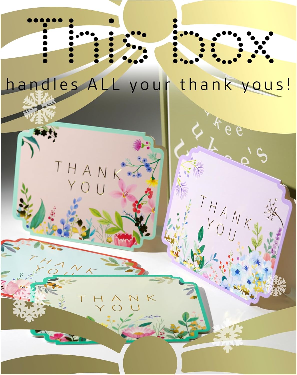 Floral Thank You Cards Bulk with Envelopes, 100-Pack, 4 Hand-Painted Designs, Die-Cut Edges for Baby/Bridal Shower Thank You Notes, Wedding, Birthday Party, Thanksgiving, Sage Green Lace-Lined Env. (4.25"x5.5")