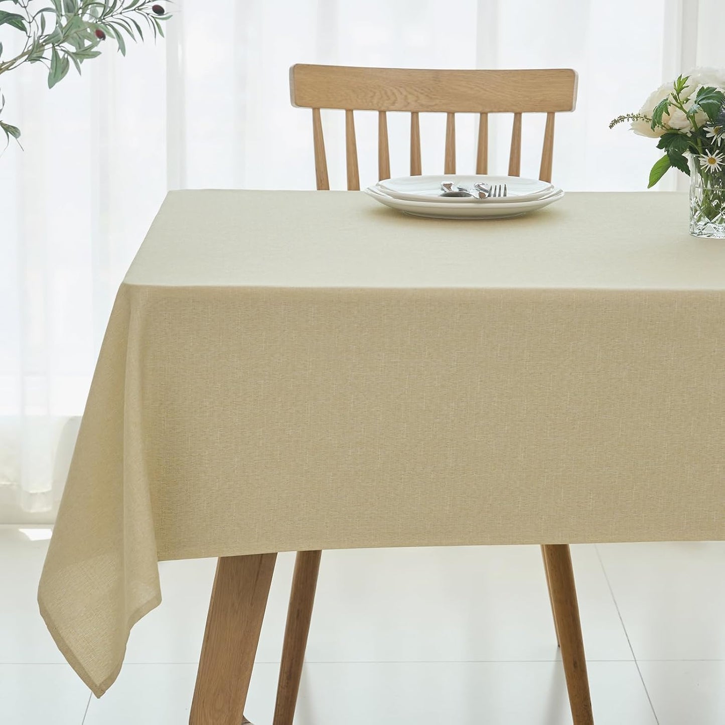 maxmill Linen Texture Tablecloth Water Resistance Antiwrinkle Spillproof Wipeable Washable Fabric Table Cloth for Dining Room, Buffet Banquet Party Holiday Dinner, Rectangular 60 x 108 Inch, Beige