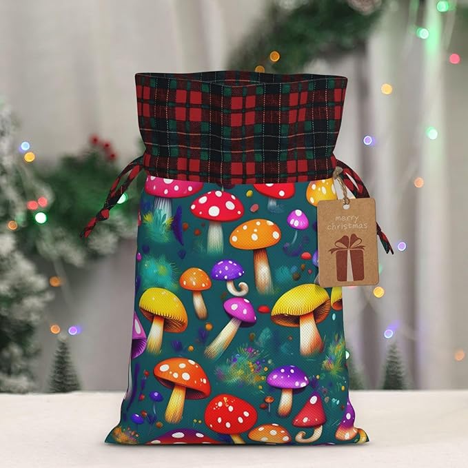 PULaif Bright Mushrooms Arts Christmas Drawstring Gift Bags, Large Size Christmas Bags For Gifts Party Favors, Xmas Gift Bags