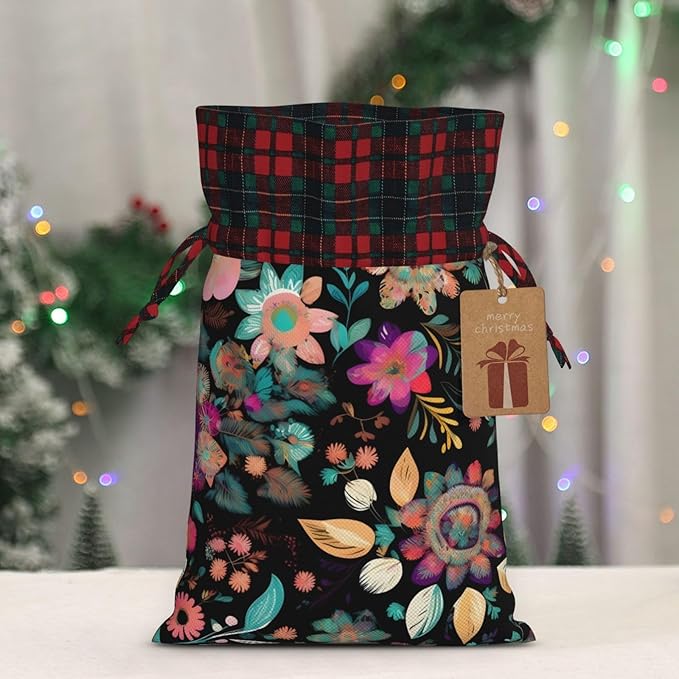 PULaif Colorful Boho Florals Christmas Drawstring Gift Bags, Large Size Christmas Bags For Gifts Party Favors, Xmas Gift Bags