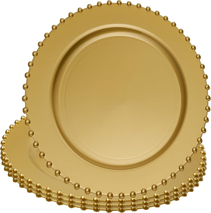 PLASTICPRO Gold Plastic Charger Plates with Beaded Edge – Pack of 4 – 13" Elegant Round Disposable Chargers for Weddings, Events, Parties, and Dinners