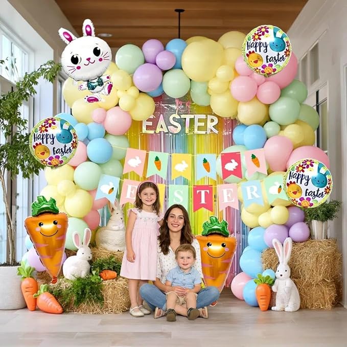 Easter Balloons Arch Kit Double Stuffed Pastel Balloons with Bunny, Carrot & Egg Foil Balloon Easter Banner and Colorful Fringe Curtain for Easter Birthday Baby Shower Spring Party Decoration