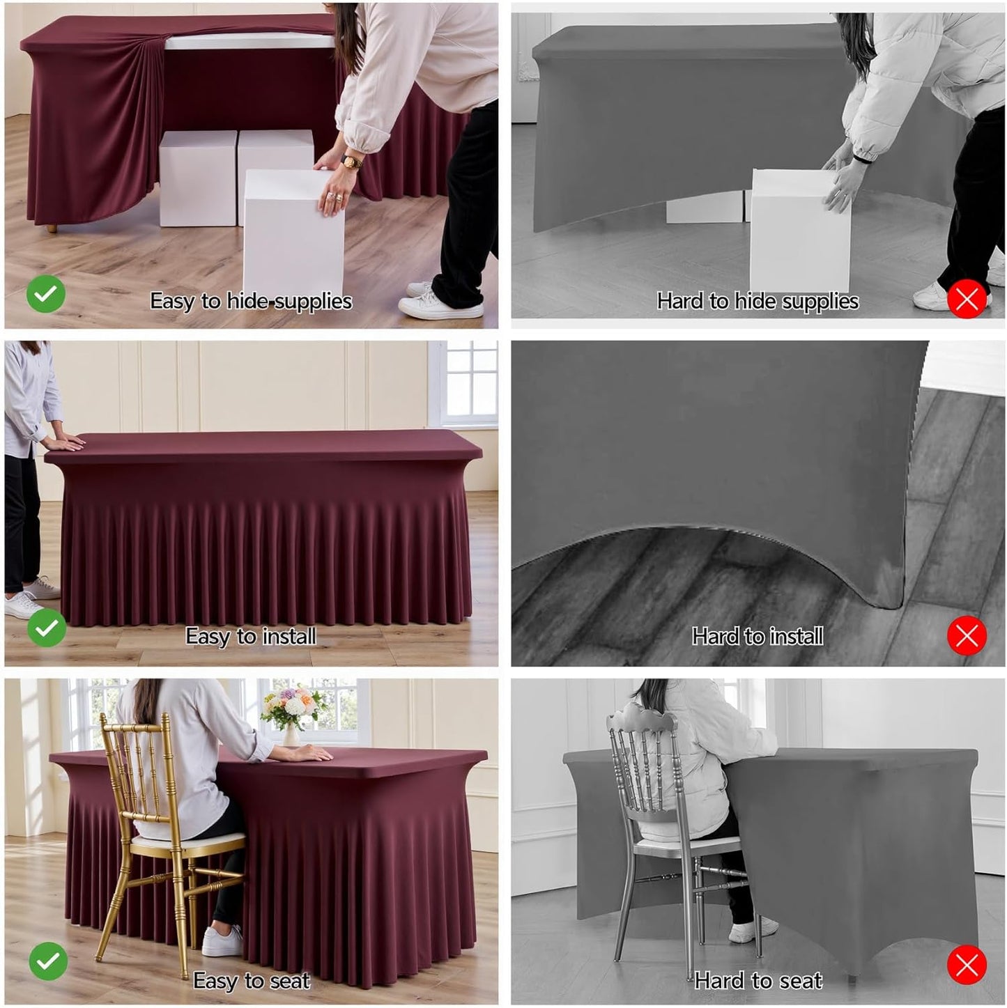 leegleri 4 Pack Burgundy Spandex Table Clothes for 6 Foot Rectangle Tables, Wrinkle Free Fitted Table Cover 6ft Stretch Tablecloths with Skirt for Parties Weddings Birthday Banquet Baby Shower