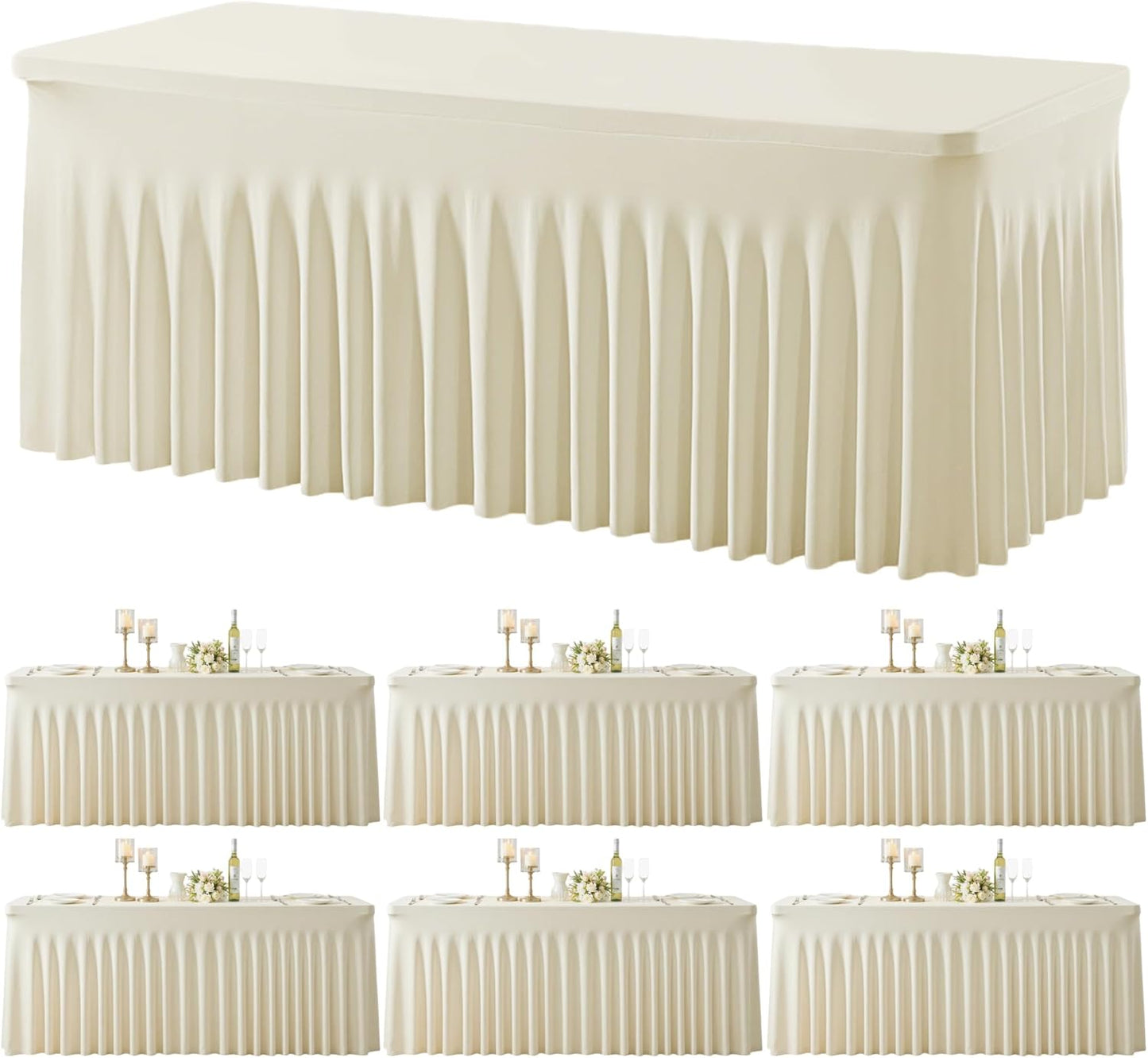 Besutolife 6 Pack Beige Spandex Tablecloth for 6ft Rectangle Tables Fitted Table Cloth Stretch Table Covers Skirt 6ft Rectangular Tablecloths for Banquet Parties Wedding Decorations