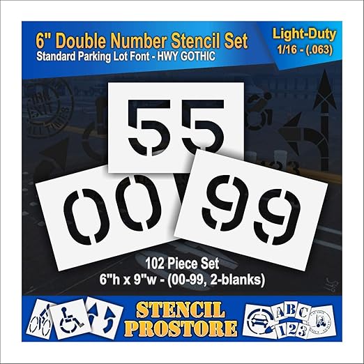 Pavement, Curb, and WheelStop Stencils - 6 inch Double Number Stencil Set - (00-99) - (102 Piece) - 6" x 9" x 1/16" (63 mil) - Light-Duty
