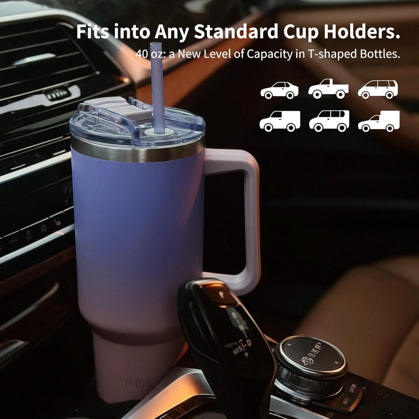 THILY 40 oz Stainless Steel Tumbler with Handle - Vacuum Insulated Travel Cup, Splash-Proof & Leakproof Lid, 2 Straws & Brush | Keeps Cold 34H/Hot 12H, Cupholder Friendly, Lavender Dream