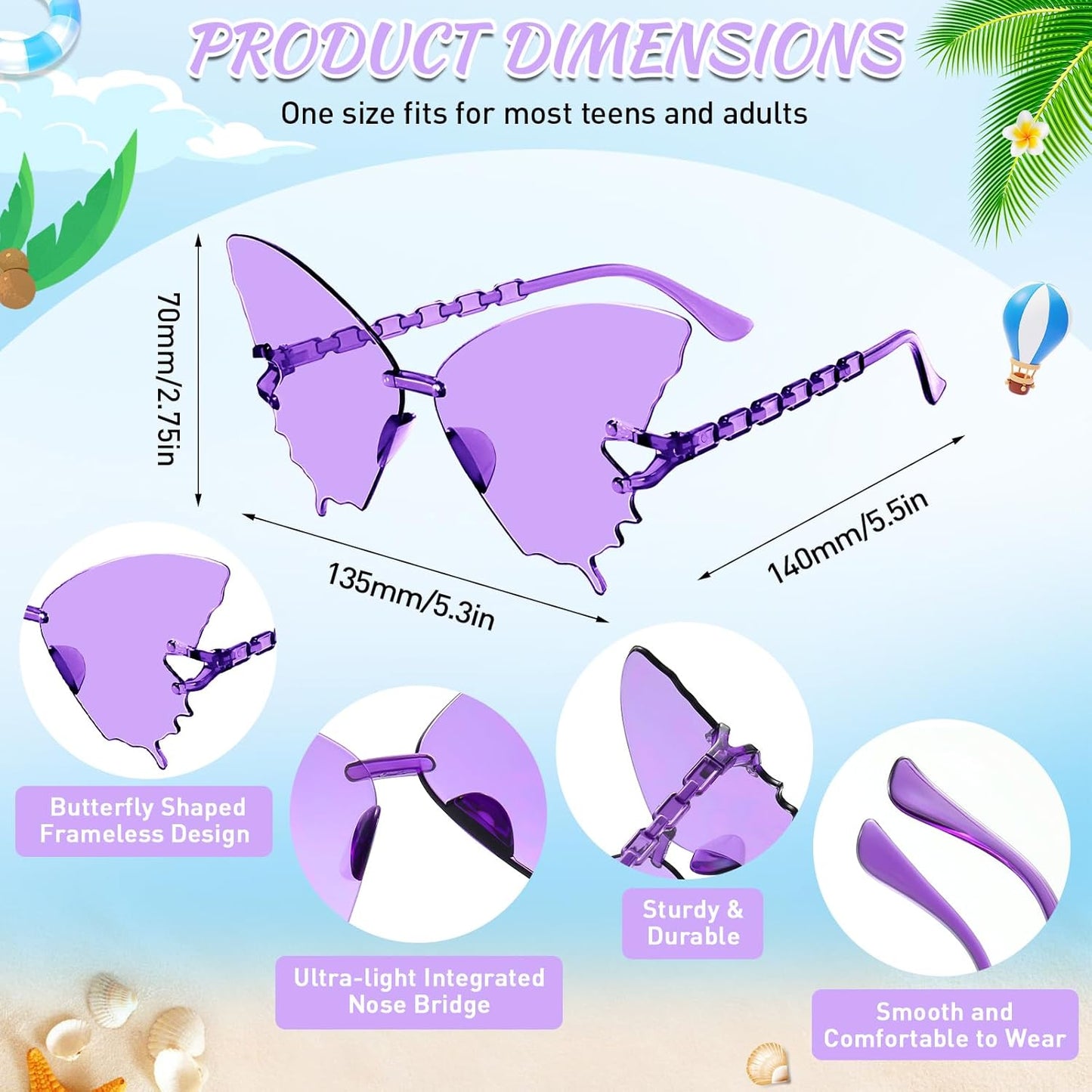 10/20 Pack Star/Heart Shape/Round/Butterfly/Cat Eye/Rectangle/Fire Rimless Tinted Party Sunglasses Color Glasses