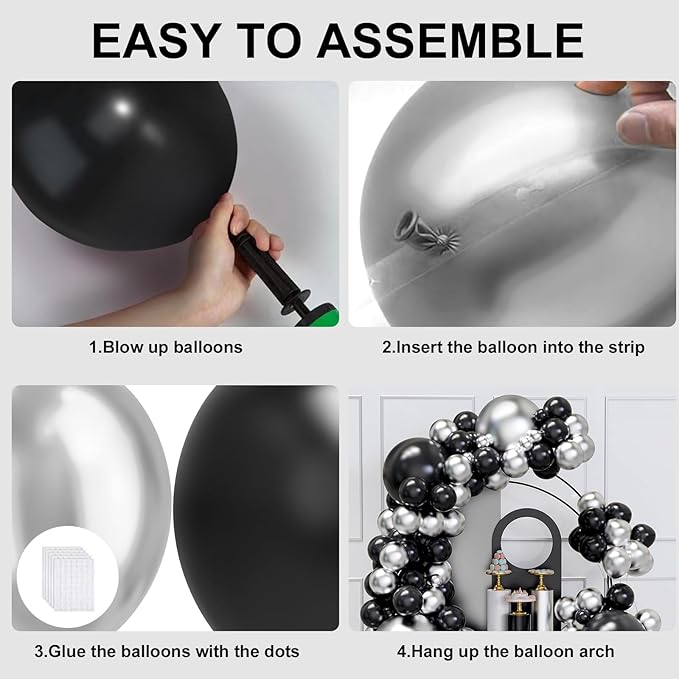 Black and Silver Balloons Arch Garland Kit, 134pcs Metallic Chrome Silver and Black Balloons with Different Size for Birthday, Graduation, Baby Shower, Disco New Years Party Party Decoration…