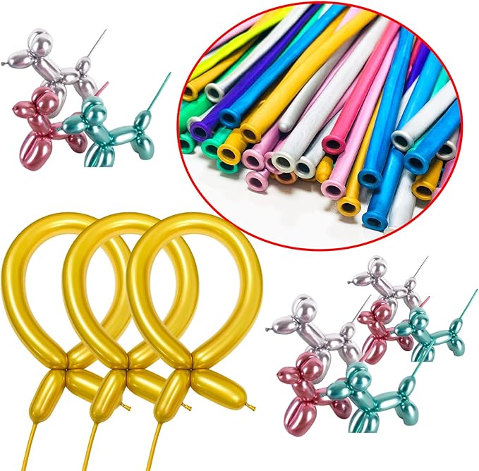 Metallic 260 Gold Long Balloons Chrome 100 Pack Twisting Animal Balloons Thickening Latex Modeling Long Magic Balloons for Animal Model Weddings Birthdays Festival Party Decorations