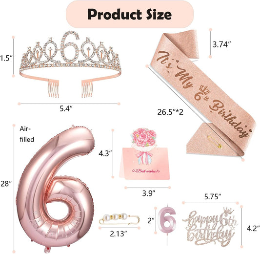 6th Birthday Decorations for Girls, Including 6 year old Birthday Cake Topper, Queen Sash with Pearl Pin, Sweet Rhinestone Tiara Crown, Number Candles and Balloons Set, Rose Gold