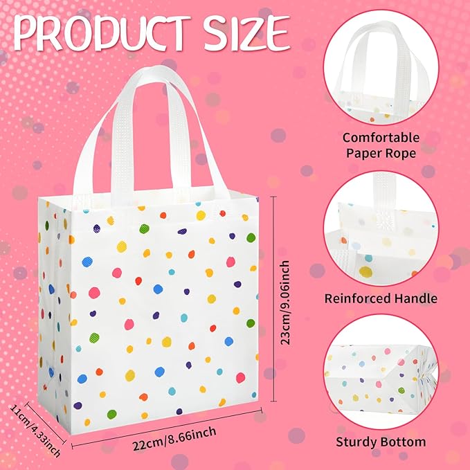 Sweetude 16 Pcs Colorful Dots Gift Bag with Handles Party Favors Non Woven Reusable Tote for Women Wedding Birthday Baby Shower Mothers Day Party Decorations(Colorful, Dots)
