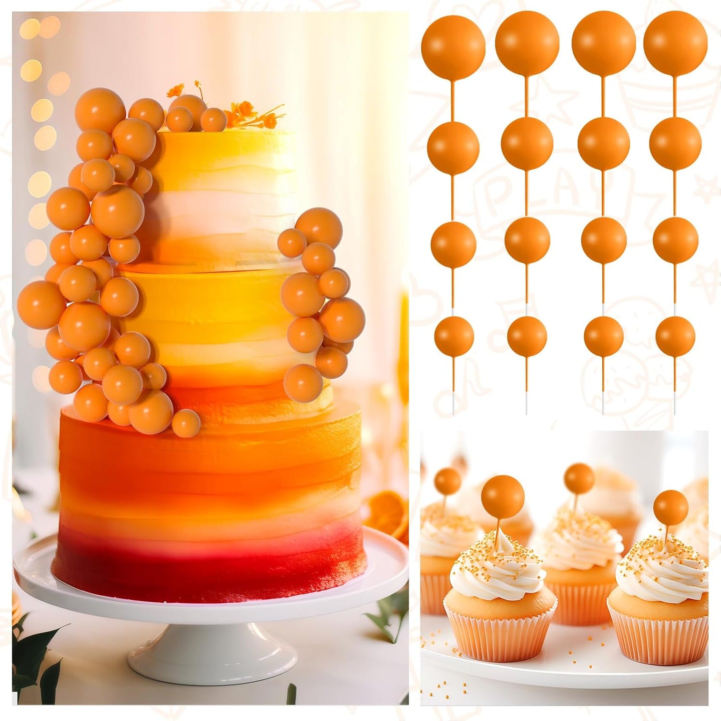 138 Pcs Balls Cake Topper Decorations Balloon Cupcake Toppers Foam Multisize Cake Topper Balls for Thanksgiving Halloween Birthday Party Wedding Anniversary