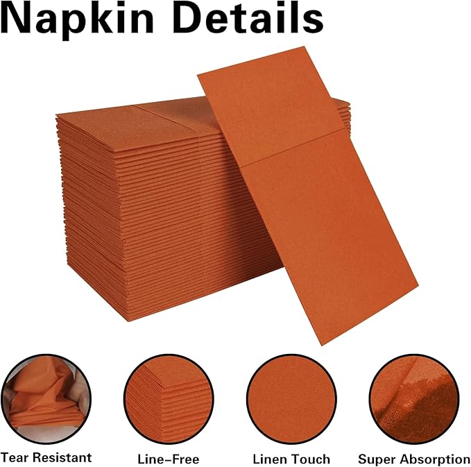 Terracotta Napkins Hand Towels Disposable, Linen-Feel Dinner Napkins with Prefolded Built-in Flatware Pocket, Guest Paper Hand Towels For Wedding, Dinner Or Party (16x16in, 50Pack）