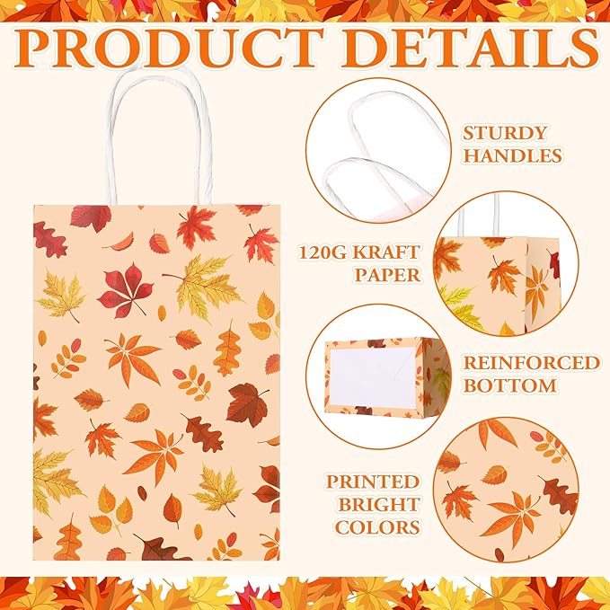 Resholder 30 Pcs Thanksgiving Paper Gift Bags with Handles Fall Pumpkins Maple Leaves Treat Bags Autumn Harvest Candy Goodie Bag for Fall Thanksgiving Party Favors Supplies