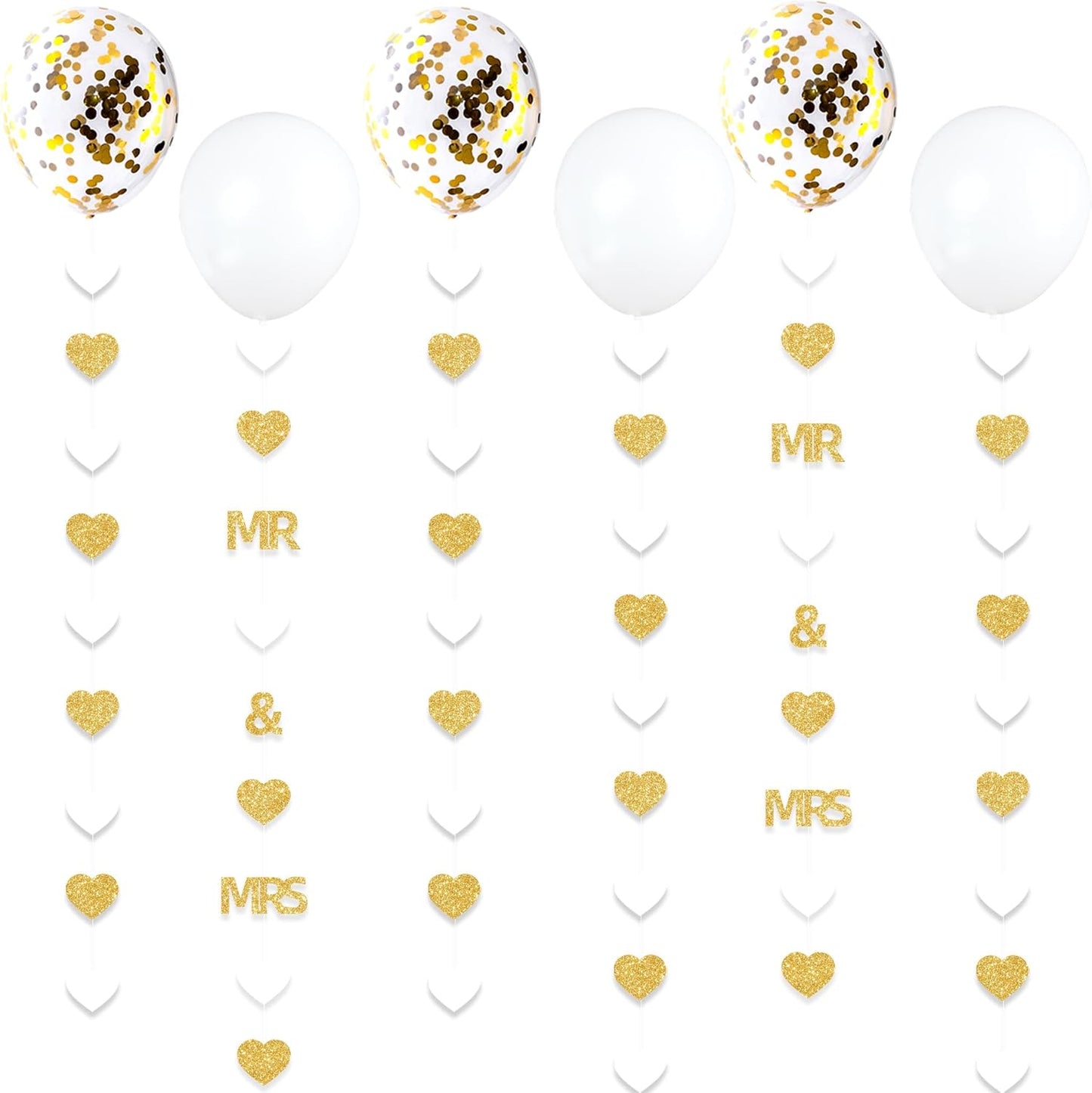 Gold Wedding Party Decorations Gold/White Heart Mr and Mrs Garland with Balloons for Bridal Shower Engagement Bachelorette Party