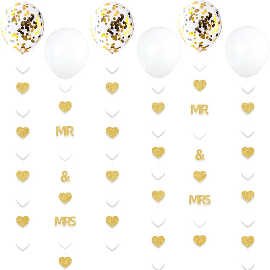 Gold Wedding Party Decorations Gold/White Heart Mr and Mrs Garland with Balloons for Bridal Shower Engagement Bachelorette Party