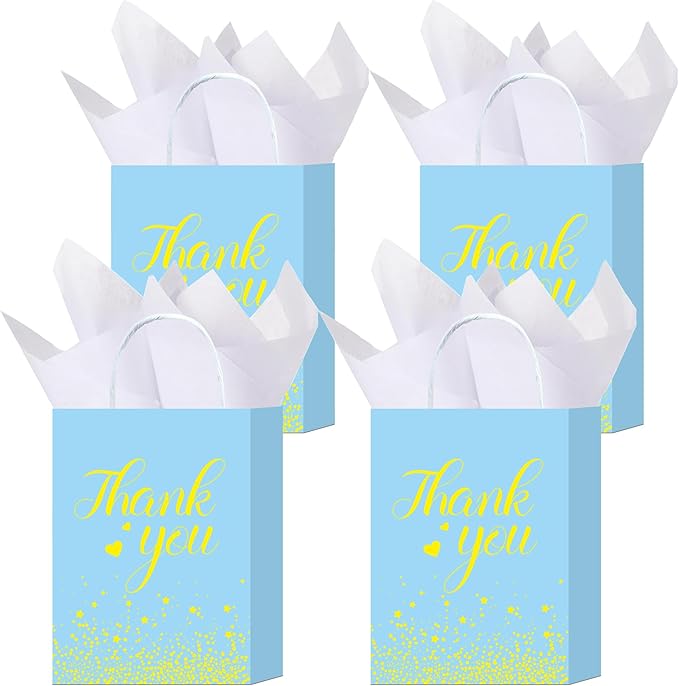 W WINTMING 16 Pcs Thank You Gift Bags with Handle Gold Star Karft Paper Bags Party Favor Bag for Wedding, Birthday, Business, Shopping Wrapping Bag (Blue)