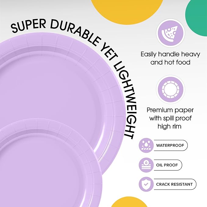 Exquisite Lavender Paper Plates Disposable Heavy Duty 100 Pcs - 50-7" & 50-9" Lavender Disposable Plates For Party Heavy Duty Paper Plate 350 GSM Birthday Party Supplies Plate Set
