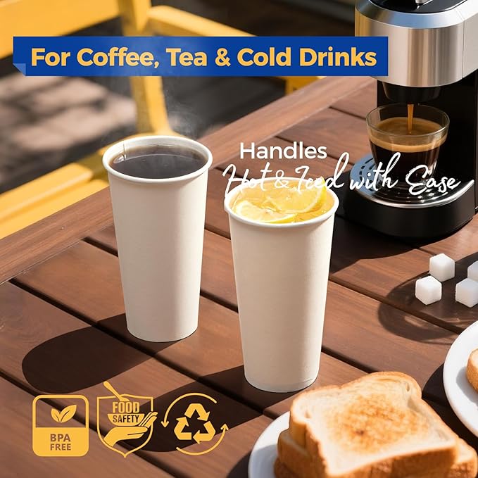 Fit Meal Prep 100 Pack 20 oz Disposable Paper Coffee Cups, Premium Hot Cups for Hot/Cold Beverage, Durable Thickened White Paper Cup Bulk for Party, Office, Bussines, Cafes, Bistros, Daily Use