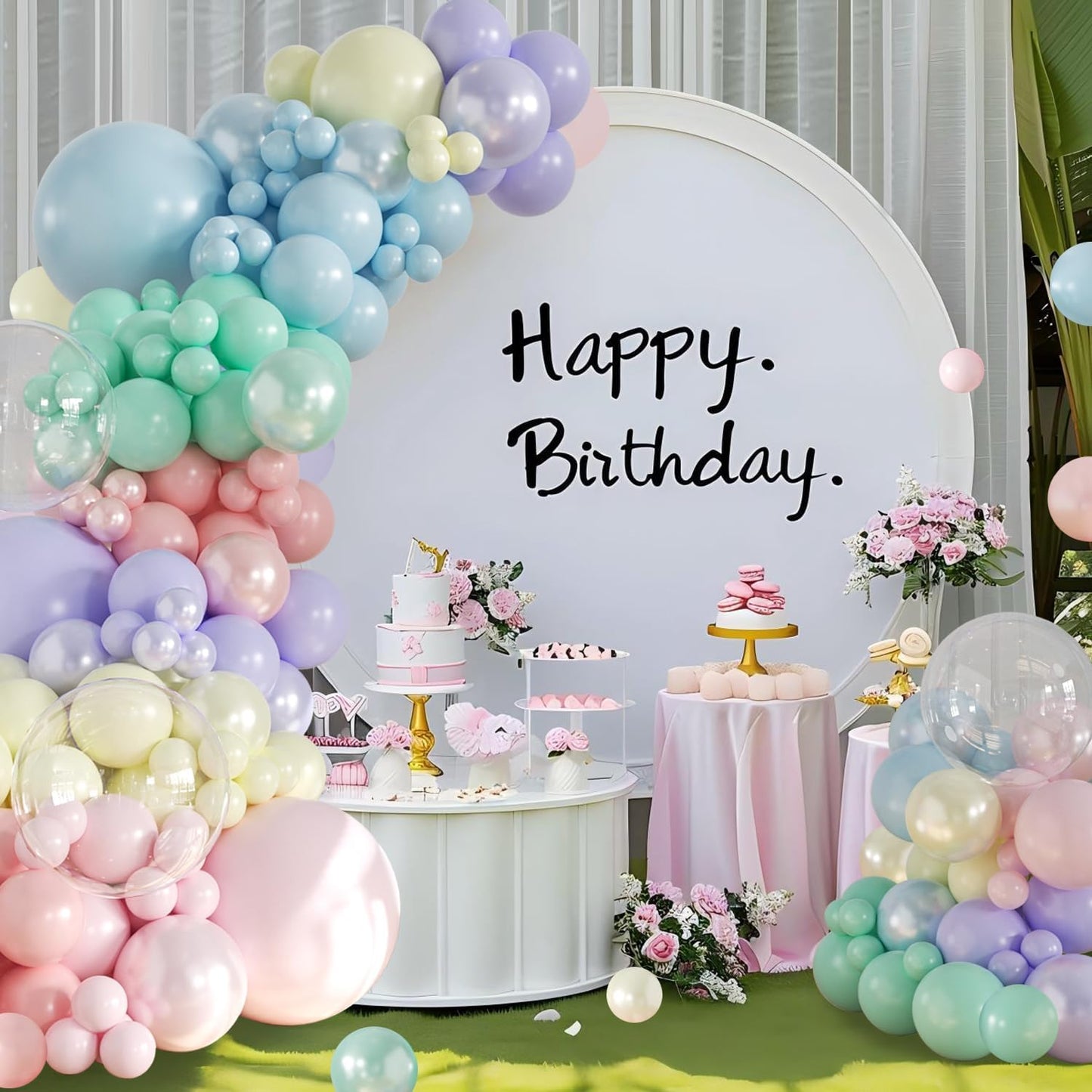 Pastel Rainbow Balloon Garland Arch Kit 126Pcs Double Stuffed Pearl Pink Blue Yellow Peach Purple Turquoise Clear Balloons for Birthday Party Baby Shower Gender Reveal Easter Spring Day Decorations