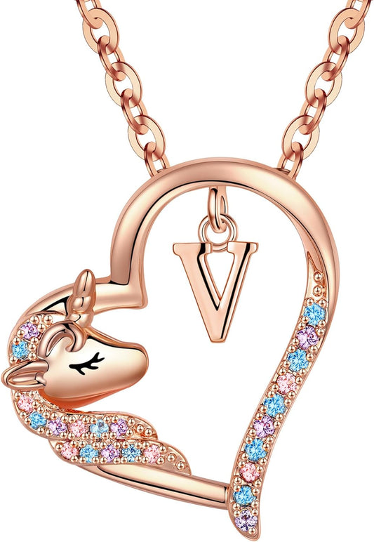 Anoup Unicorn Gifts for Girls Necklace - Colorful CZ Heart Pendant A-Z Initial Necklaces Cute Unicorns Jewelry Birthday Gift for Girl