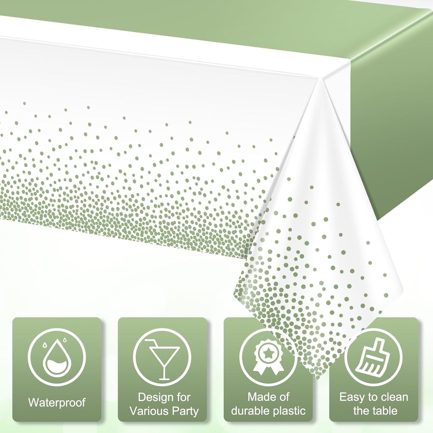6Pcs White and Sage Green Tablecloth Decorations,Plastic White Table Cloth Printed Green Table Runner Disposable Rectangle Table Cover for Birthday Wedding Anniversary Graduation Party,54 x108 Inch