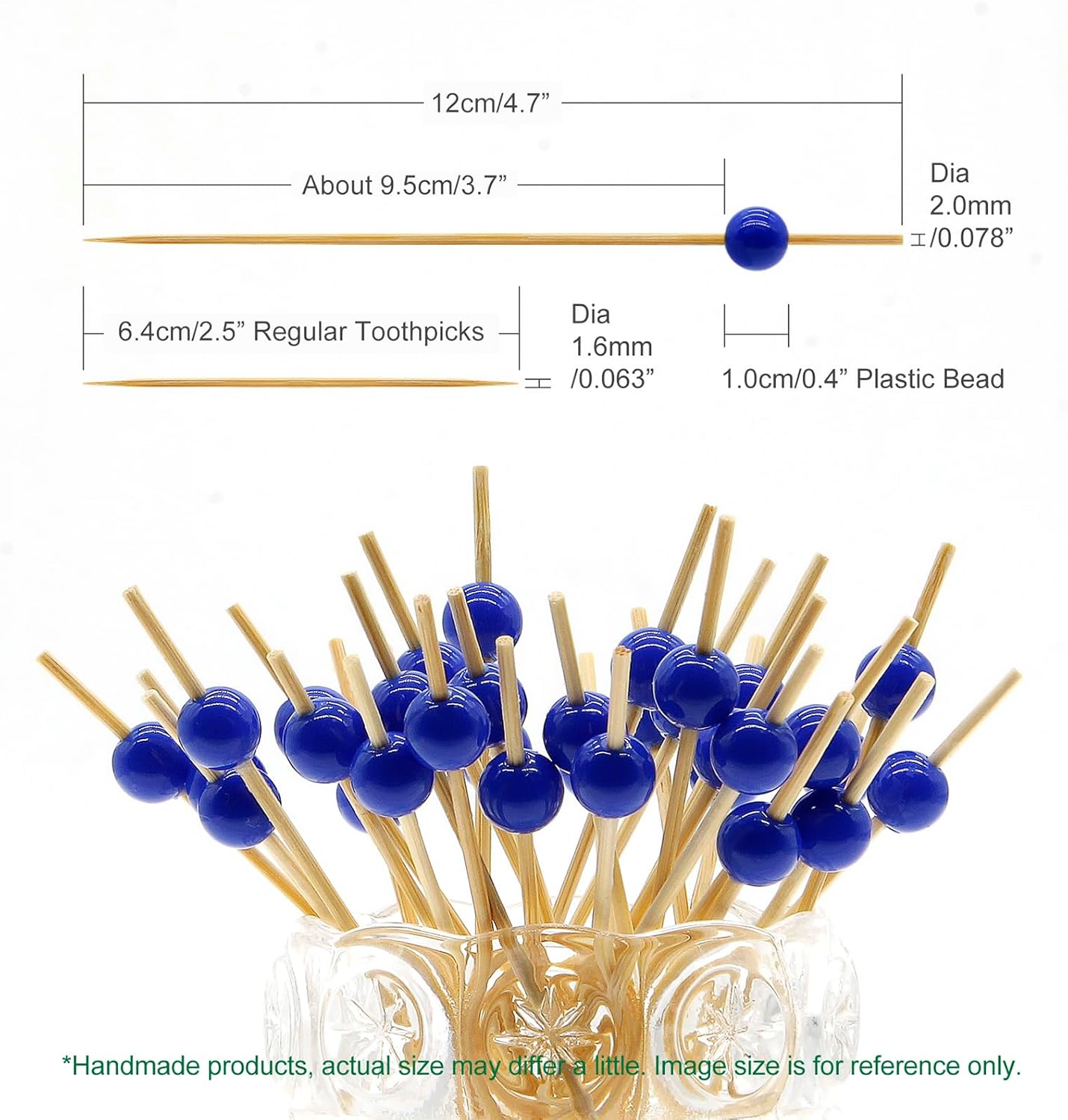 Minisland Navy Blue Pearl Cocktail Picks, 4.7 Inch Long Bamboo Fancy Toothpicks for Appetizers, Decorative Independence Day Party Food Drink Garnish Fruit Kabob Skewer Sticks 100 Counts - MSL450