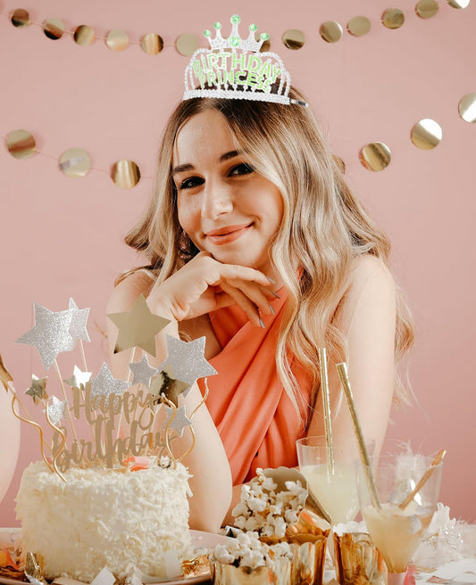 Wecoe Birthday Crown Green Princess Rhinestone Tiara with Combs Happy Birthday Party Favors Pink Decorations 16th 18th 21st 25th Gifts for Her