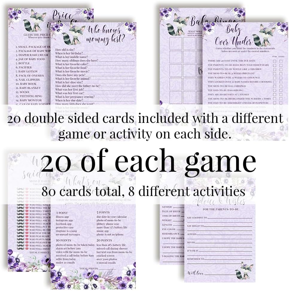 Amanda Creation Baby Shower Games 8 Game Set Purple Little Rascal Cute Raccoon Girl 80 Double-Sided Cards for 20 Guests. Baby Shower Bingo, Baby Predictions & Activities for Guests. Theme for Girl