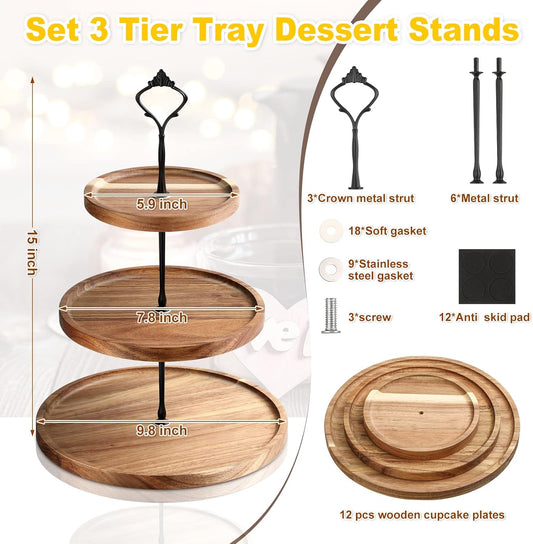 Zopeal 3 Set 3 Tier Wood Cupcake Stand,Rustic Wooden Serving Tray Farmhouse Dessert Display Tiered Cake Tower Holder for Kitchen Wedding Birthday Tea Party Decorations(Medium(5.9''7.8''9.8''))