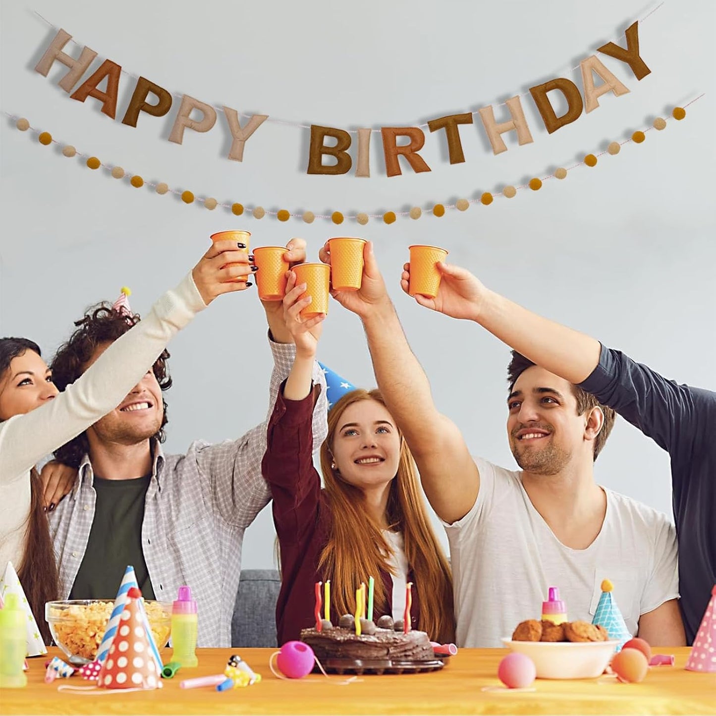 Brown Happy Birthday Banner Felt Ball Garland Pre-Strung Happy Birthday Sign for Party Backdrop Decorations Photo Prop