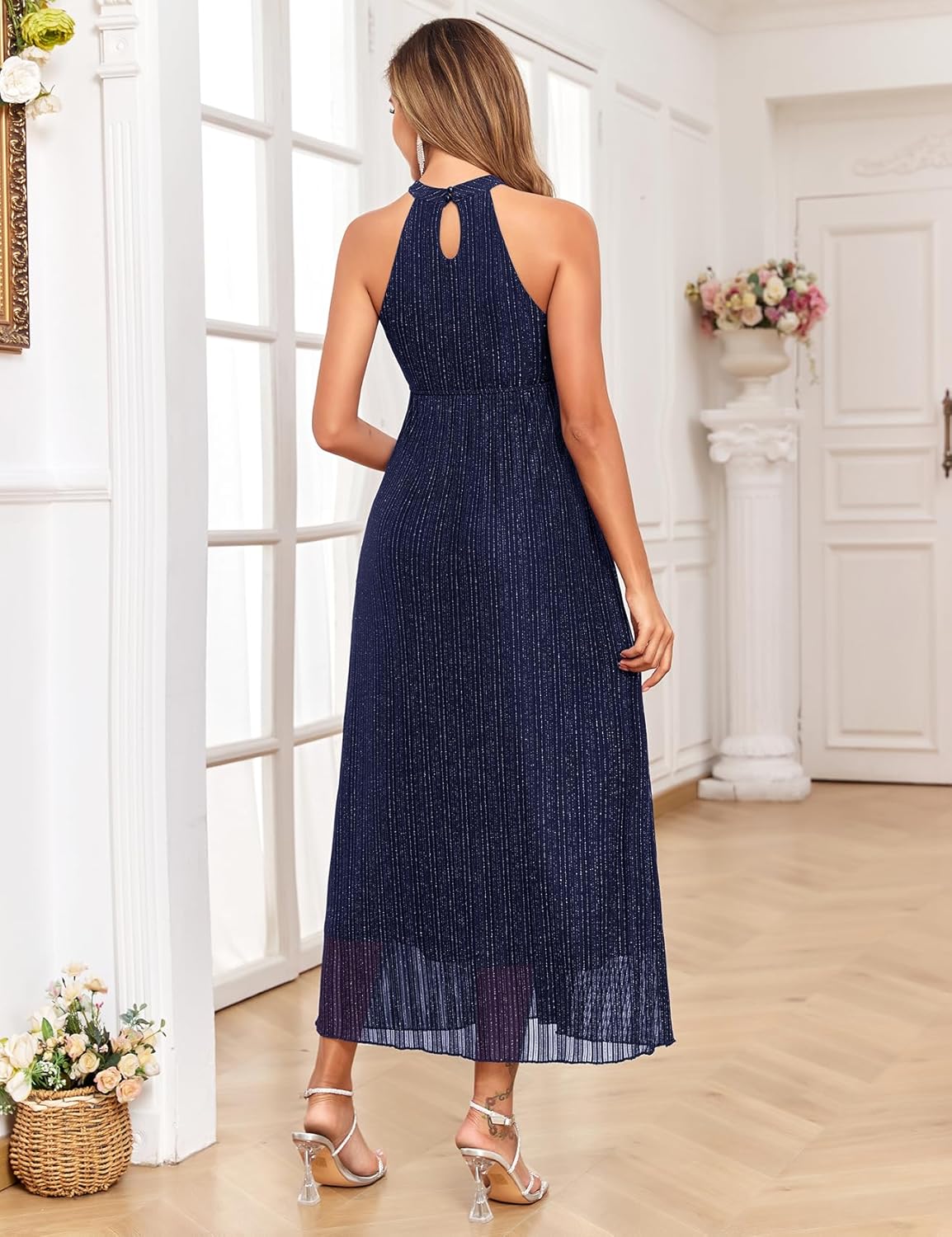 Maternity Sparkly Mesh Dress Halter Neck Sleeveless A Line Pregnancy Dresses Semi Formal Baby Shower Photoshoot