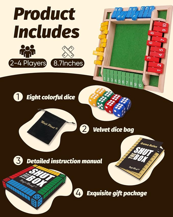 Maiji Planet Classic Original Shut The Box Game, Math Dice Board Game for Family Night Classroom Travel, Wooden Table for Group Kid Adult Senior, Camp Party Bar, Easy Quick and Fun, 2-4 Players