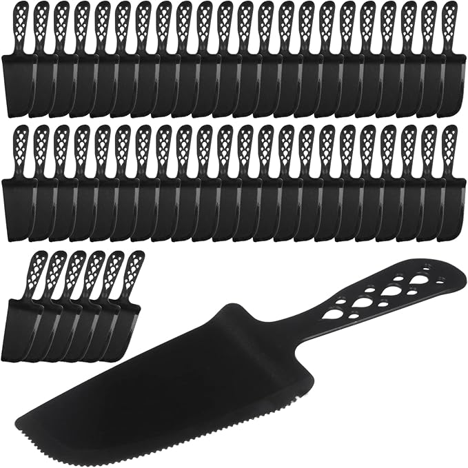 50 PCS Disposable Plastic Cake Cutter and Server 8x2.3 In Black Cake Plastic Server Cutter Plastic Cake Server Cutting for Pie Tart Cake Pizza Pastry Baking Cutter Holder Transfer for Kitchen Wedding