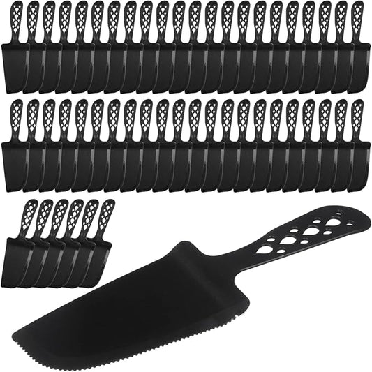 50 PCS Disposable Plastic Cake Cutter and Server 8x2.3 In Black Cake Plastic Server Cutter Plastic Cake Server Cutting for Pie Tart Cake Pizza Pastry Baking Cutter Holder Transfer for Kitchen Wedding
