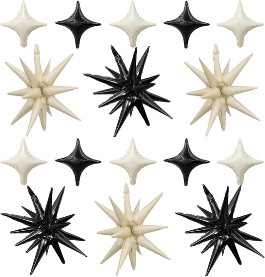 Black White Star Balloon,Sand White Black 6Pcs 22Inch Explosion Star Balloons and 10Pcs 10Inch Four Angle Balloons Kit for Birthday Anniversary Baby Shower Wedding Party Decorations