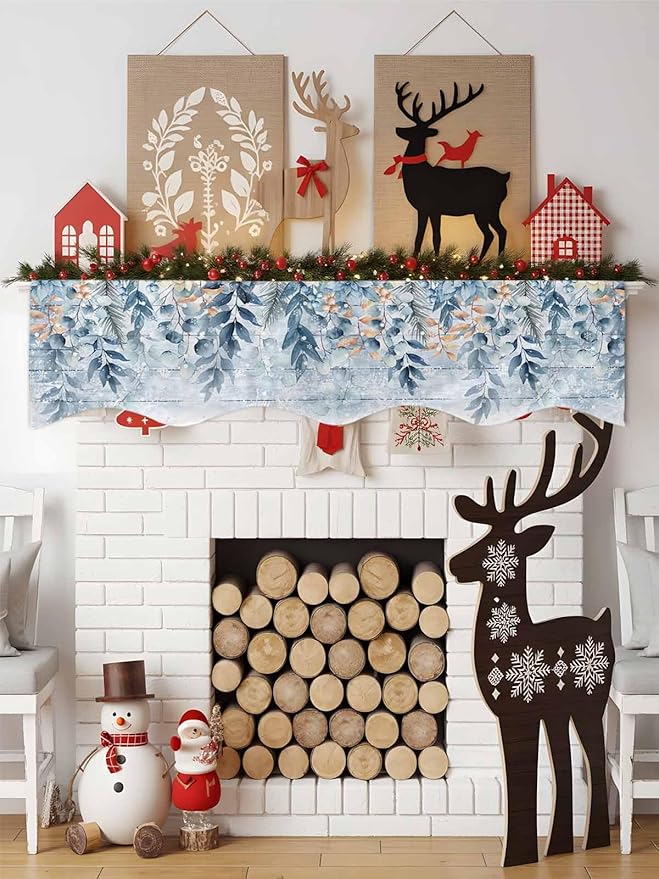 Blue Eucalyptus Fireplace Mantel Scarf Table Runner, Christmas Leaves Poinsettia Farmhouse Wooden Winter Garland Mantel Top Tablerunners Dresser Scarves Cover for Windows Party Living Room 90''x17''