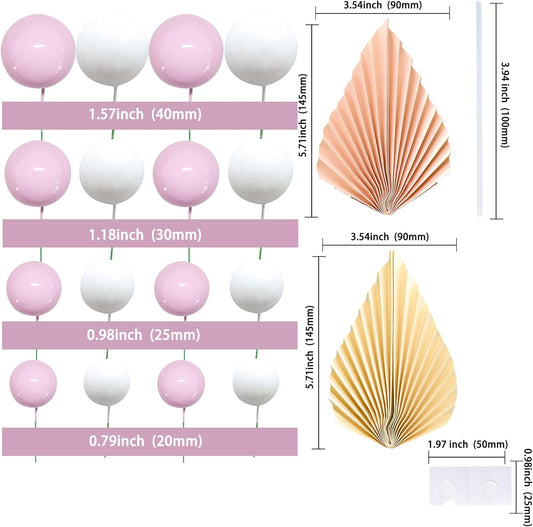Ephlyn 28Pcs Paper Palm Fan Cake Topper Decorations Balls Cake Pick for Baby Shower Wedding Bridal Shower Birthday Party Cake Decorations Pink White