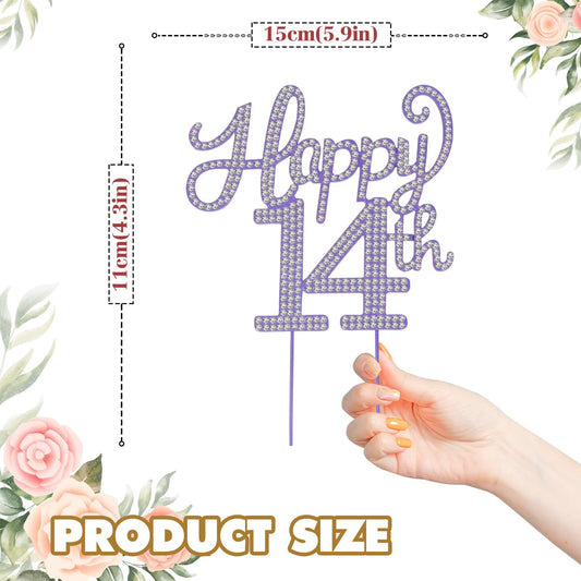 LASKYER Happy 14th Birthday Purple Rhinestone Cake Topper - 14th Birthday/Anniversary,Cheers to Fourteen Years Old Bday Party Metal Sparkly Centerpieces Decorations.
