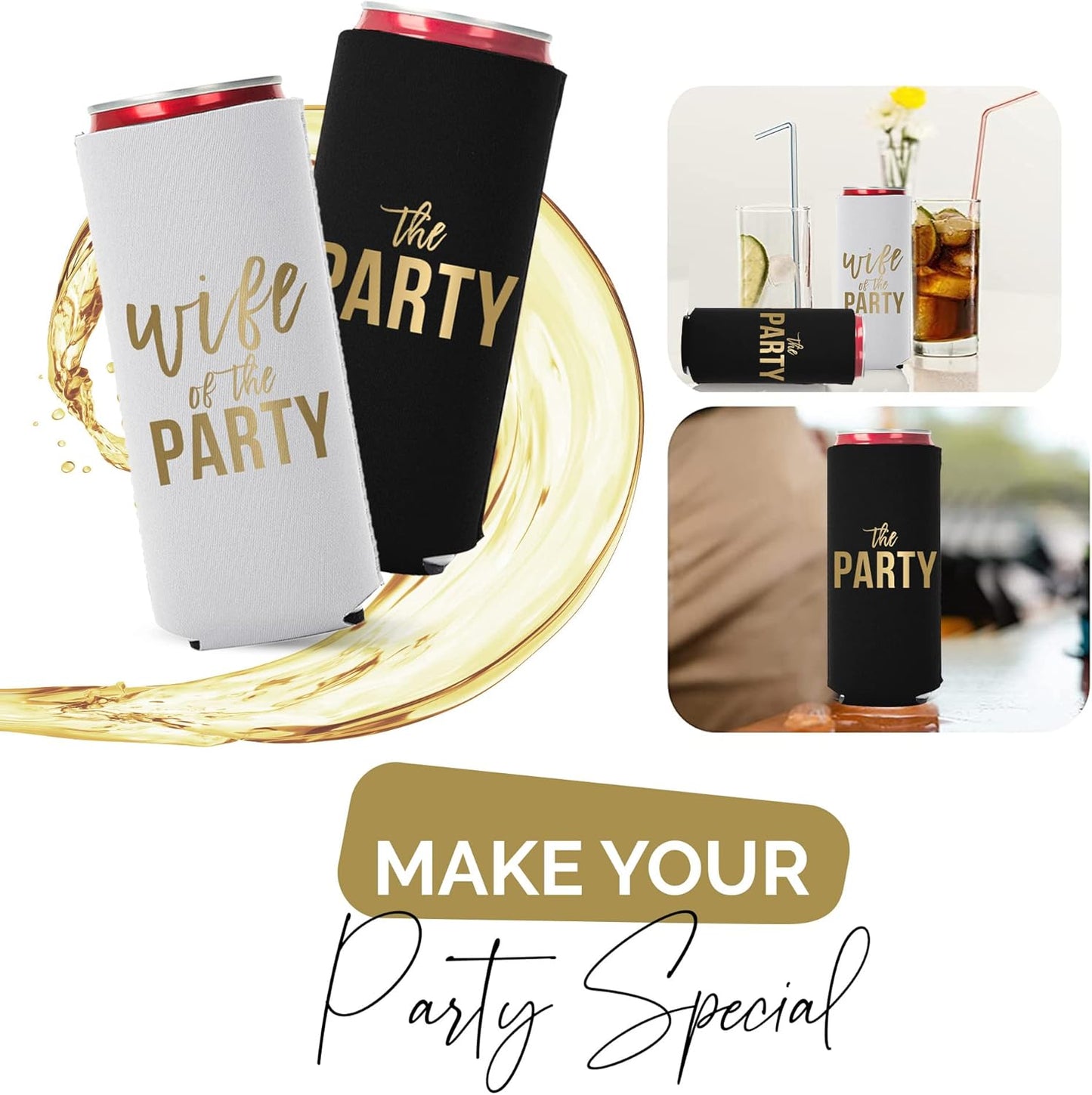 Wife of the Party and The Party Bachelorette Can Coolers - Set of 12, Perfect for Decorations and Bridesmaid Gifts (Black, Slim)