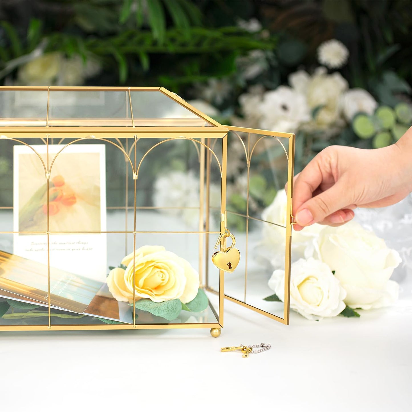 Glass Wedding Card Box with Lock, 12.6x5.9x9 inches Large Gold Card Boxes for Wedding Reception, Graduation, Keepsake Display, Party Centerpiece Gift Box