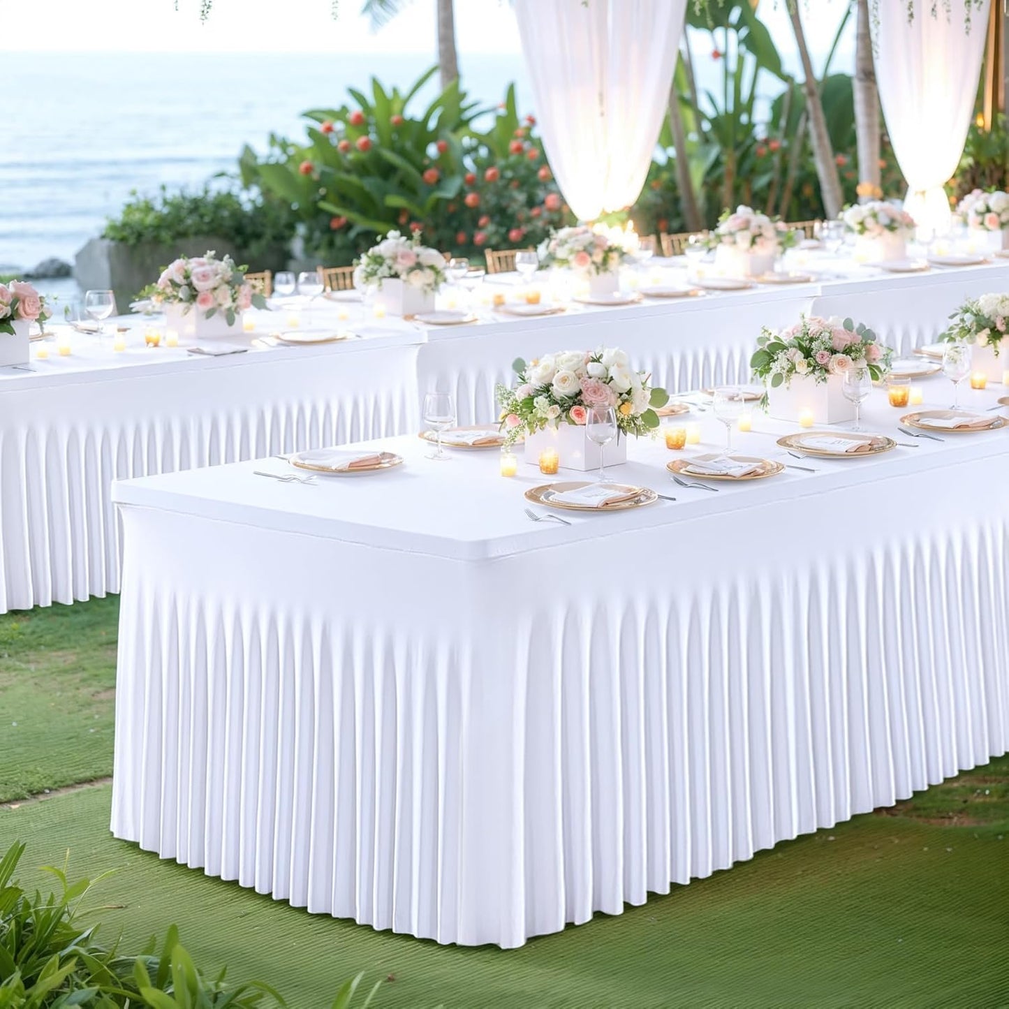 Besutolife 8 Pack White Spandex Tablecloth for 6ft Rectangle Tables Fitted Table Cloth Stretch Table Covers Skirt 6ft Rectangular Tablecloths for Banquet Parties Wedding Decorations