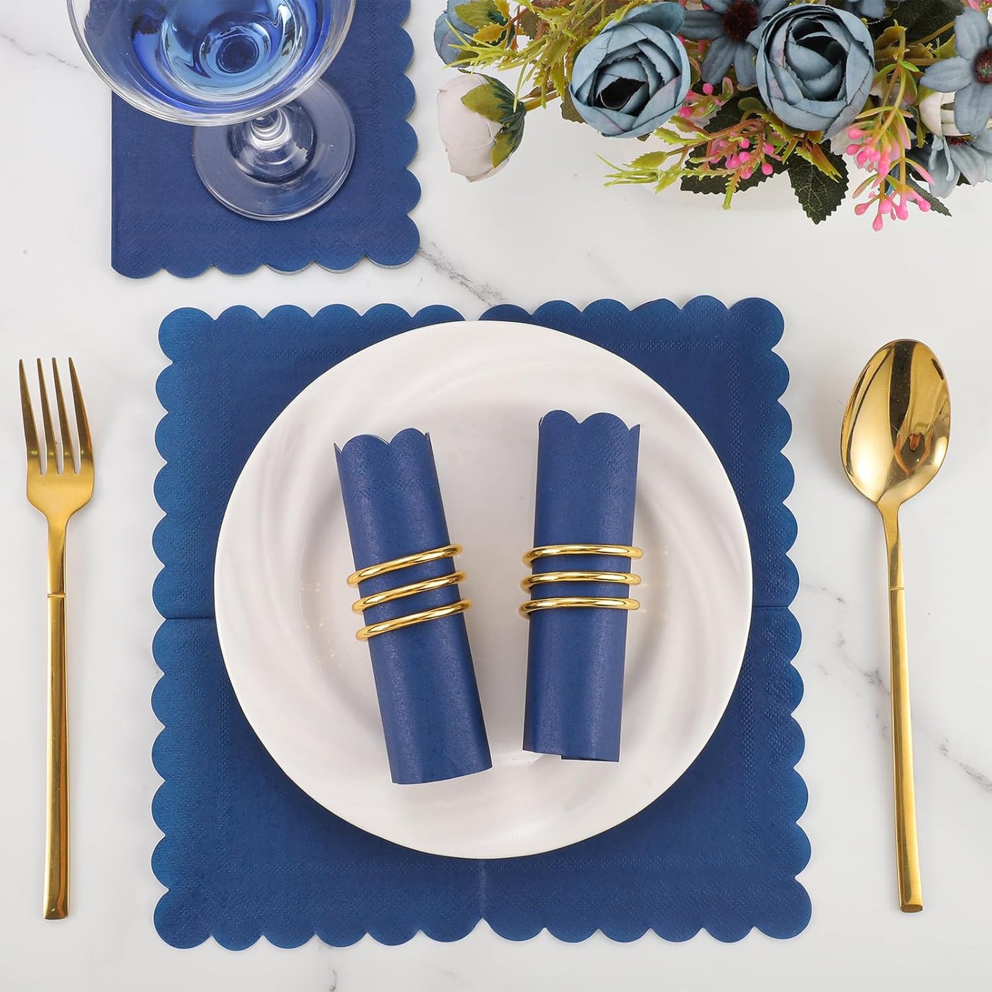 120 Pcs Navy Blue Napkins, Scalloped Blue Cocktail Napkins Disposable Beverage Dessert Napkin Patriotic Napkin for Bar Birthday Baby Shower, 5 x 5 Inch
